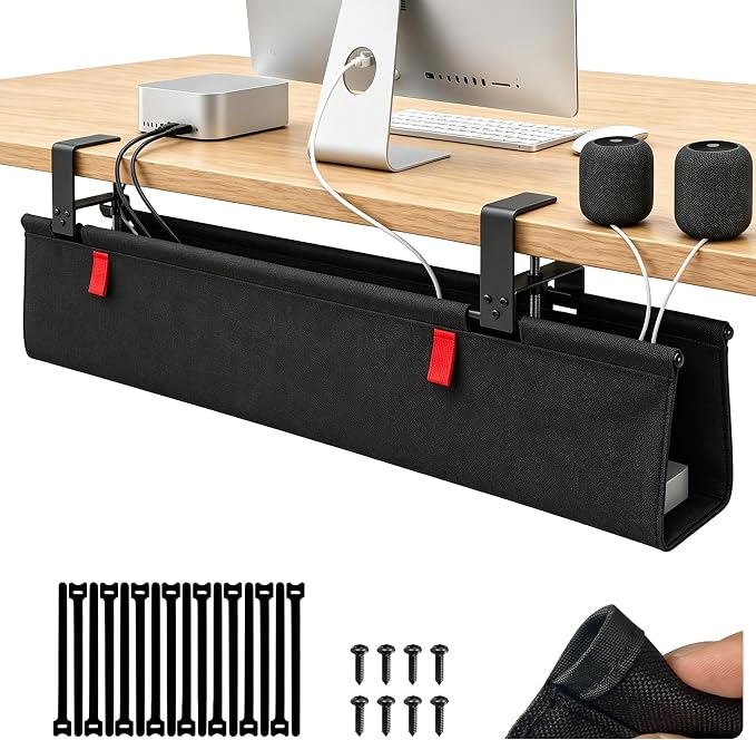 Under Desk Cable Management No Drill – 48" L x 6" W Cord Organizer, Upgraded Silicone Pads (No Scratch), 16 Cable Slots, Washable PE Honeycomb Base, Fits Desks 0–2.1" Thick, Black