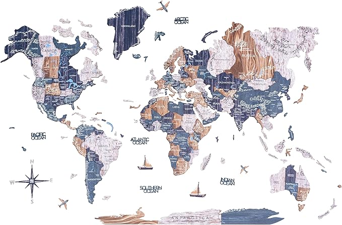 Enjoy The Wood Colored World Map Wood Wall Art - 3D Wall Art Home Decor - Wooden Travel Map Housewarming Gift Idea - World Map Decorations for Home (Mystery, L)