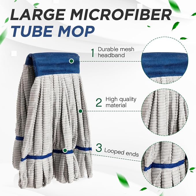 Hushee 6 Pack Large Microfiber Tube Mop Heads 18 oz Heavy Duty Commercial Industrial Wet Mop Head Refill Reusable Machine Washable Looped End Mopheads for Hardwood, Tile, Laminate Floors (Grey)