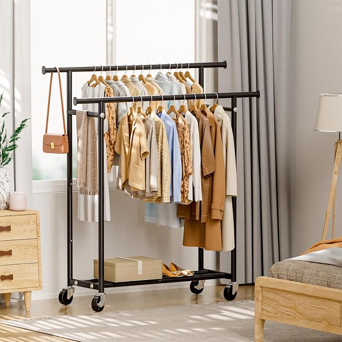 HYSEYY Clothes Rack, Double Rods Rolling Clothing Rack for Hanging Clothes, Portable Garment Rack with Wheels, Coat Rack Wardrobe Closet Load 240 LBS for Bedroom Laundry Room (Black, L)