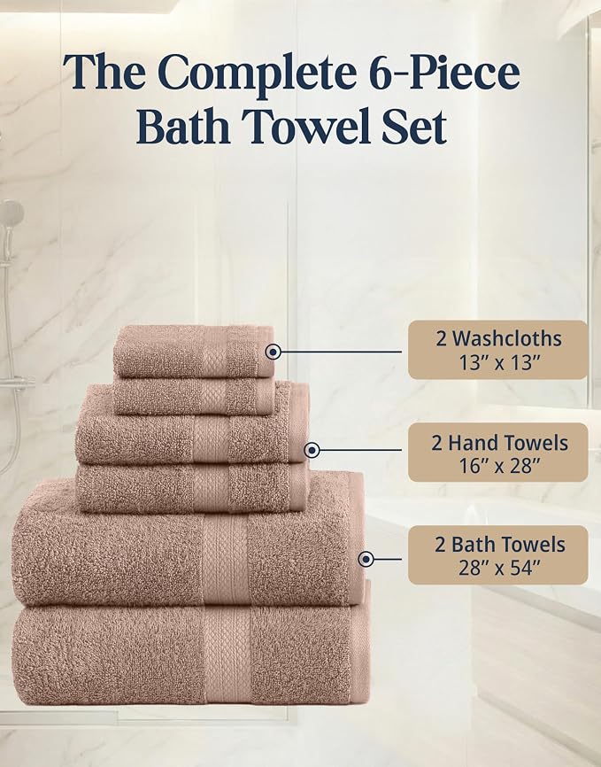 LANE LINEN Bath Towel Set Quick Dry 100% Cotton 6 Piece Soft - Taupe | Cotton Bath Towels - Classic Terry Weave, Densely Woven, Coordinated Colors, Dobby Border Accent, OEKO-TEX Certified