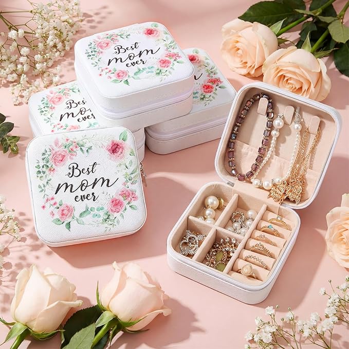 Kacctyen 12 Pieces Best Mom Ever Mini Travel Jewelry Case Bulk Mother's Day Church Gifts Watercolor Flowers Women Party Favor Gift for Secretary Girls Leather Travel Jewelry Case