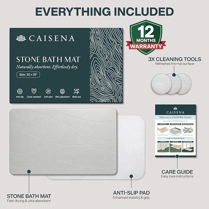 Extra Large Stone Bath Mat 32 x 20 Inch | Quick Dry Diatomaceous Earth Bath Mat | Includes Anti Slip Pad & Restoration Kit - A Quick Dry Bath Mat & Cleaner Alternative to Fabric | Light Gray XL
