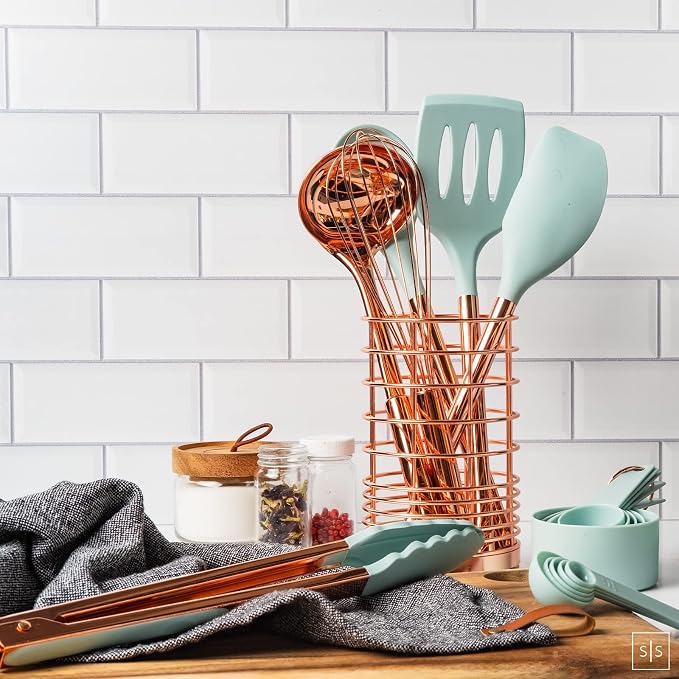 Copper and Teal Blue Kitchen Utensils - 17-Piece Set Includes Copper Utensil Holder, Measuring Cups and Spoons, and Silicone Cooking Tools - Stylish Teal Kitchen Decor and Unique Gifts for Home Cooks