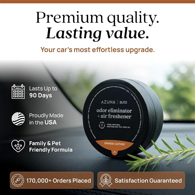 Azuna Car Air Freshener & Auto Odor Eliminator Pods Trio | Spanish Leather | Plant Powered by 100% Australian Tea Tree Oil | Long Lasting and No harsh chemicals | Made in USA | 3 Pack of 2oz Pods