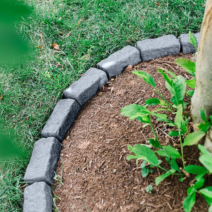 Landscape Edging | Garden Edging Border | Polyrock Bricks for Lawn edging, Flower beds, Pathways & Yard Edging– 40 Packs | Each Section Has 6 Bricks 48"L x 4"W x 2.25"H | 120 Spikes |Greystone
