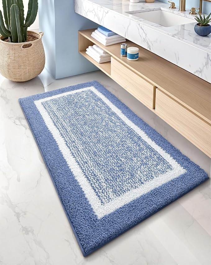 Color&Geometry Bathroom Runner Non Slip, 24"x59" Blue Bath Runner Rug, Absorbent, Soft, Washable, Microfiber Bath Mat Bathroom Carpet