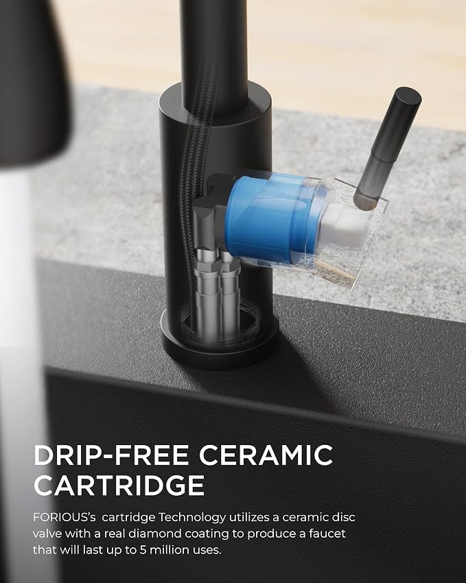 FORIOUS LED Kitchen Faucet with Pull Down Sprayer, Black Single Handle Stainless Steel Traditional Sink Faucets with LED Light Sprayer Head, Suitable for Farmhouse Laundry Camper Rv Bar
