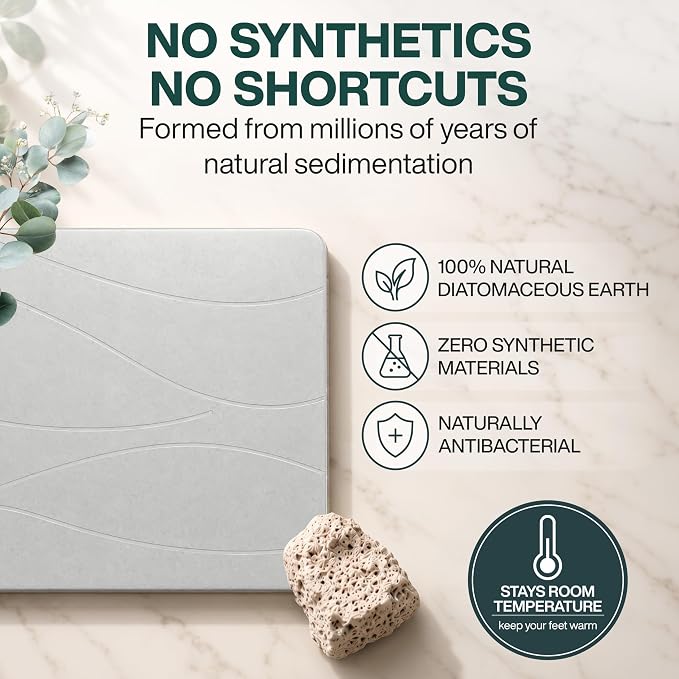 Extra Large Stone Bath Mat 32 x 20 Inch | Quick Dry Diatomaceous Earth Bath Mat | Includes Anti Slip Pad & Restoration Kit - A Quick Dry Bath Mat & Cleaner Alternative to Fabric | Light Gray XL