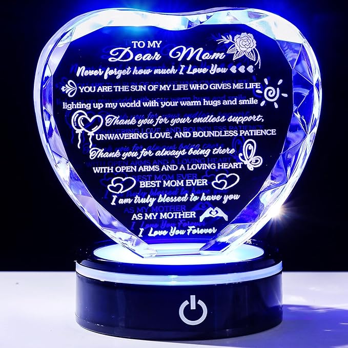 Arikyrist Gifts for Mom with Colorful LED Base Unique Moms Birthday Gifts from Daughter Son Crystal Heart Keepsakes to My Mom Gift for Mother's Day Thanksgiving Best Mother Ever Presents