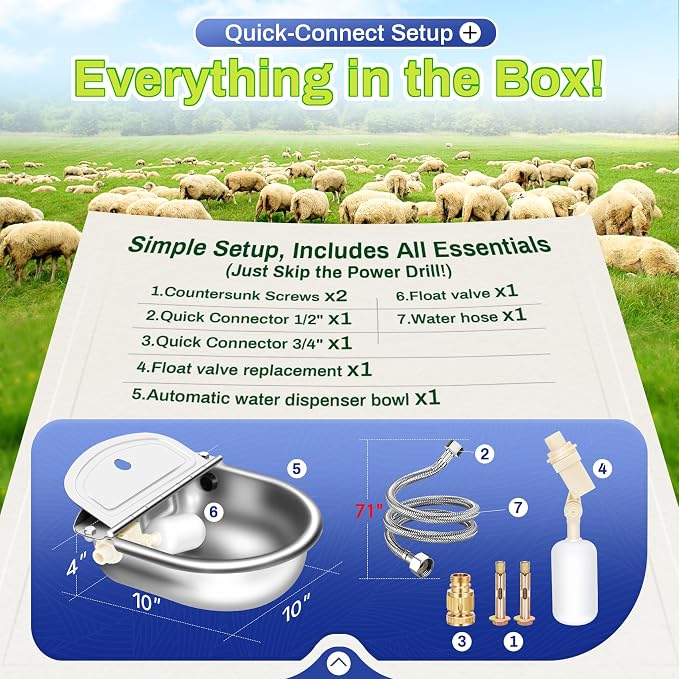 Ademon Automatic Animal Drinking Water Bowl with Float Valve, Extended Pipe,3L Stainless Steel Waterer Feeder Farm Dog Dispenser Kit Self Filling for Livestock Horse Goat Water Trough