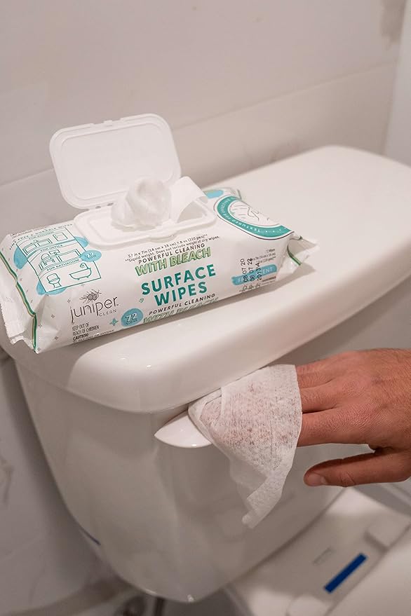 Juniper CLEAN 1 Pack Surface Wipes with Bleach, All-Purpose Cleaner for Bathroom, Kitchen, Office, 72 Count Soft Flow, Fresh Scent, Lint Free & Durable