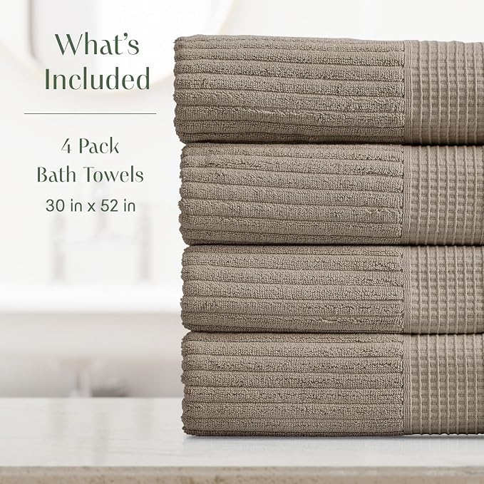 Springtree Home 100% Cotton Bath Towel Set | 4-Pack | Textured | Brown | Absorbent & Quick-Dry Bathroom Towels | Textured and Durable Cotton Towels for Bathroom | OEKO-TEX | Krista Collection