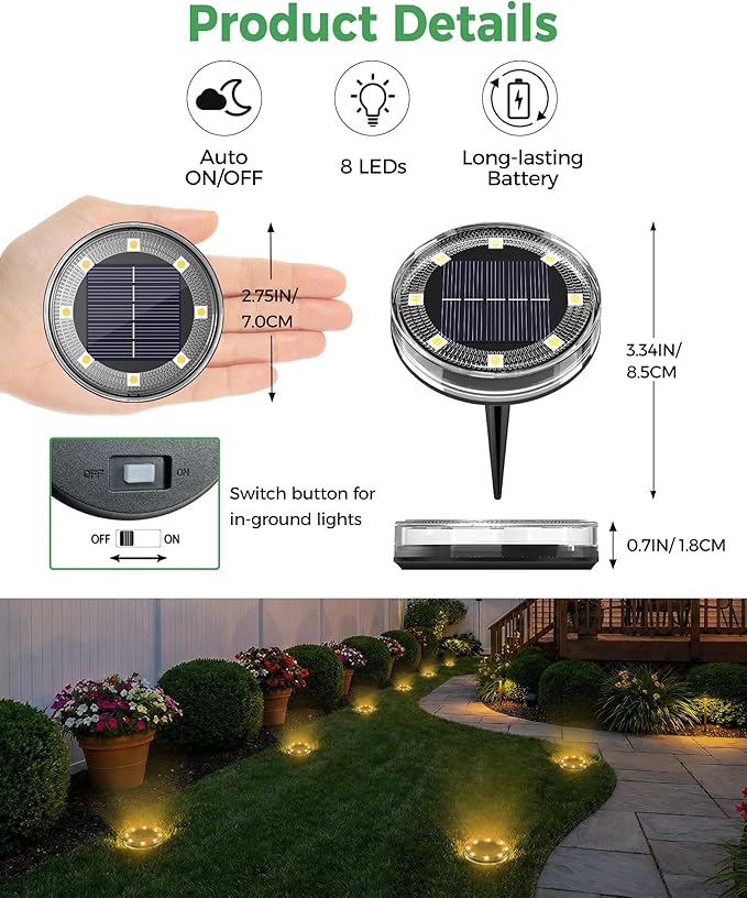LOTMOS 30 Pack Solar Ground Lights, Solar Lights Outdoor Waterproof IP68 | 8 LED Flat Solar Disc Light, Puck Lights Solar Powered for Garden Yard Driveway Walkway Landscape Lawn Path Patio, Warm White