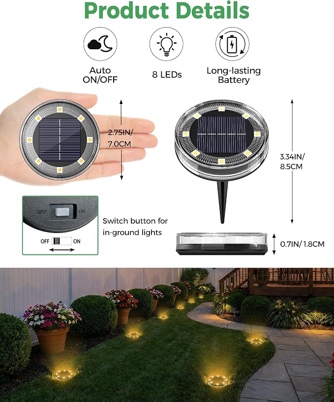 LOTMOS 20 Pack Solar Ground Lights, Solar Lights Outdoor Waterproof IP68 | 8 LED Flat Solar Disc Light, Puck Lights Solar Powered for Garden Yard Driveway Walkway Landscape Lawn Path Patio, Warm White