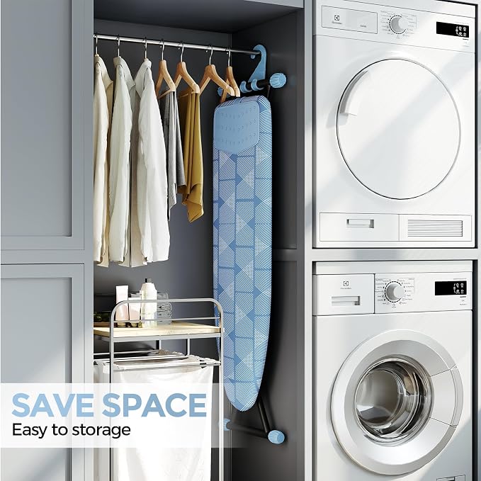 APEXCHASER Ironing Board with Iron Rest, Compact and Space Saver Iron Board, Extra Thick Cover, Height Adjustable, Wall Mount & Closet Hanger 13x43 Blue
