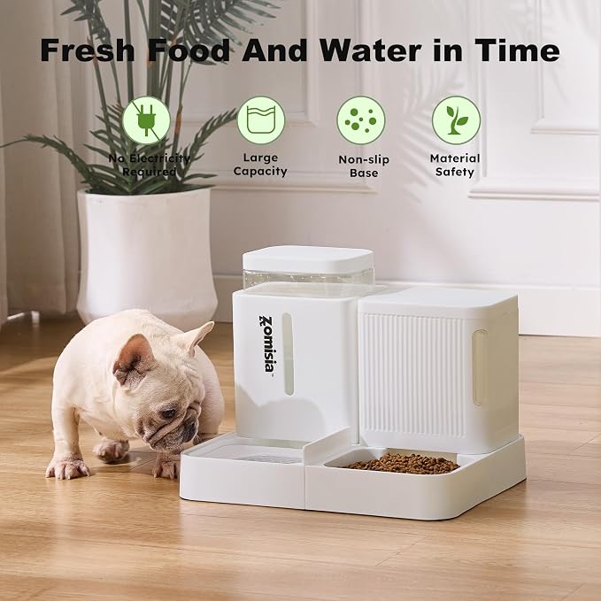 ZOMISIA Gravity Dog Food and Water Dispenser, 2 in 1 Automatic Dog Feeder with 180 Degree Rotatable, 2 Pack Large Capacity Self Feeding for Small Dogs Puppy, White, 1.6GALx2