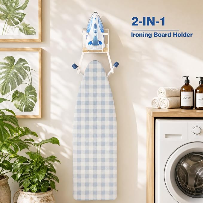ORLESS Ironing Board Hanger Over Door & Wall Mount, White | 2 in 1 Heavy Duty Iron Board Holder with Storage Basket, Fits T/Y Boards, Laundry Room Space Saver