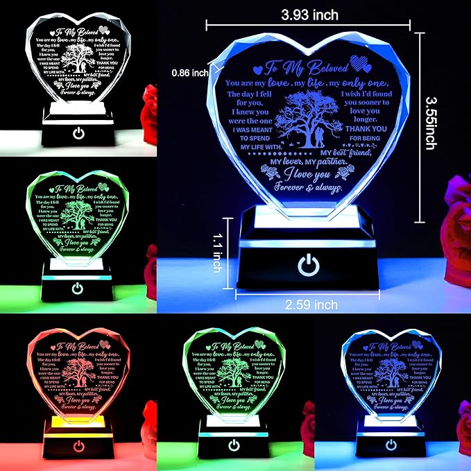 ZHSHWAT Romantic Crystal Heart Night Light for Wife Love Tree Engraved Keepsake from Husband | Anniversary, Birthday, Valentine's Day Gift for Her I Love You Forever & Always