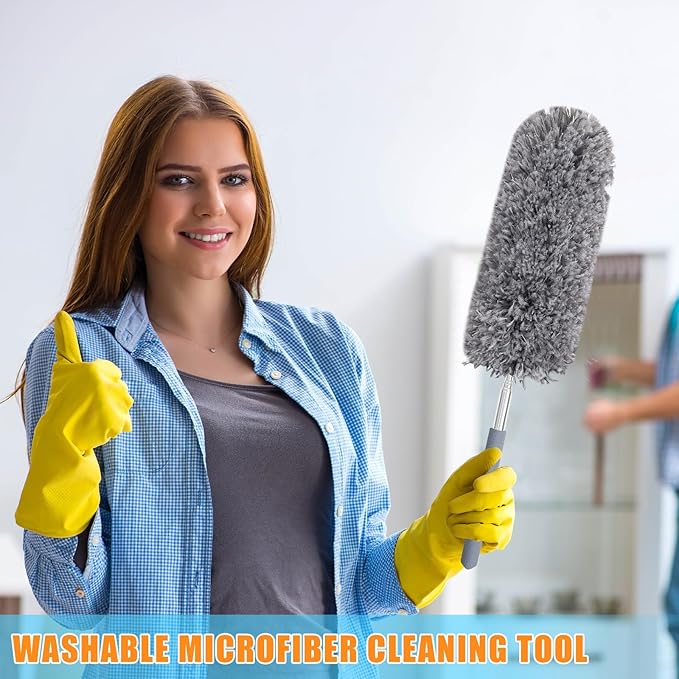 Tanlade 1 Pcs Microfiber Feather Duster for Cleaning 13-31 Inch Extendable Cobweb Dusters Ceiling Fan Duster Washable Bendable Tool for Office Car Window Furniture (Gray)