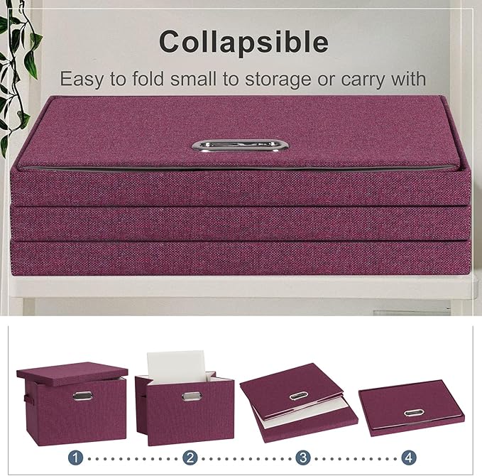Graciadeco Large 17" 36 Quart Collapsible Stackable Storage Bins with Lids, 3 Packs Purple Linen Fabric Closet Boxes with Lids, Storage Cube Baskets Container Organizers for Bedroom Office (17x12x11)