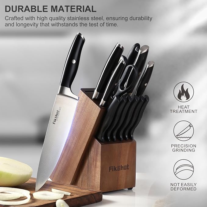 Fikshot Knife Set, German Stainless Steel, Black, 14-Piece kitchen knives | Full Tang Handle, Ultra-Sharp, Knife Block & Sharpener Included, Rust-Resistant, Dishwasher-Safe, Gift for Chefs, BBQ Prep