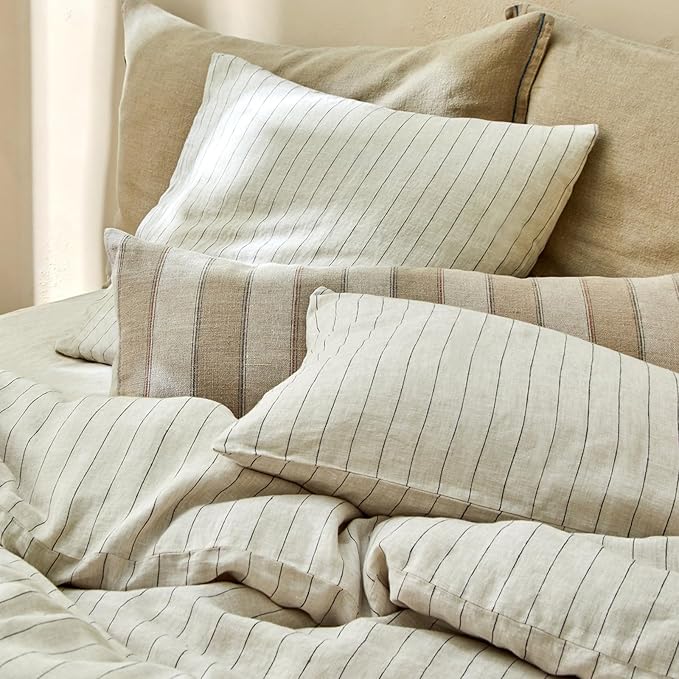 mixinni 3 Piece Striped Duvet Cover Set, Neutral Washed Cotton Linen Blend Bedding, Vintage Stripe Comforter Cover with 2 Pillowcases, Soft Breathable Farmhouse Bed Set for All Season-King Size