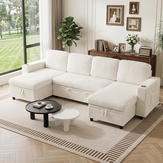 U-Shaped Couch with Pull Out Bed, Sectional Sleeper Sofa, White | Hidden Storage, USB & Type-C Port, Cup Holders, Cloud Corduroy, Modular Design for Living Room, Apartment, Easy Assembly