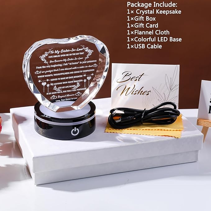 YWHL Sister in Law Birthday Gifts with Colorful LED Base Unique Heart Crystal Keepsake for Unbiological Bonus Sister Wedding Thanksgiving Gift Ideas
