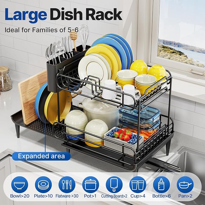 Urackify Dish Drying Rack for Kitchen Counter, Expandable 2 Tier Dish Rack, Large Capacity Dish Drainer with Drainboard Multifunctional Dish Strainer with Removable Cutlery Holder Black | 2 Tier. Expands from 16.9 to 26.6 inches to fit more dishes, wit...