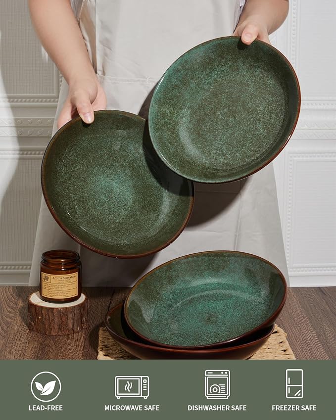 Pokini 12 Piece Dinnerware Sets with Pasta Bowls, Stain Resistant Dish Set, Easy Cleaning Dishes, Multi-Functional Plate and Bowl Set, Stack Compactly Plates, Service for 4 Sage Green