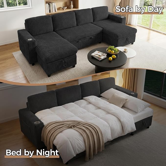 U-Shaped Couch with Pull-Out Bed. Sectional Sleeper Sofa, Black | Hidden Storage, USB & Type-C Port, Cup Holders, Cloud Corduroy, Modular Design for Living Room, Apartment, Easy Assembly