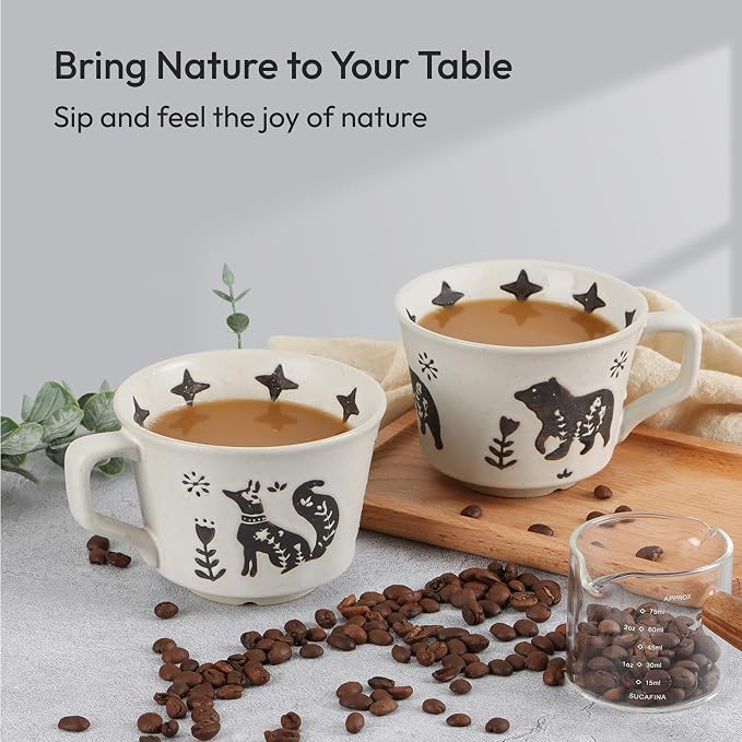 11 oz Ceramic Coffee Mug, Stoneware Teacup with Handle | Small Novelty Unique Cup for Tea Mocha Latte Cappuccino, Microwave Dishwasher Safe (Set of 4, Fox and Bear)