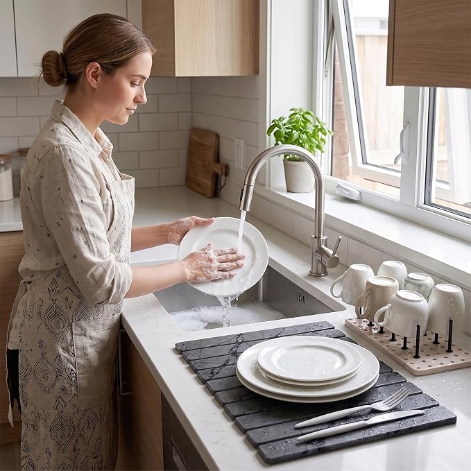 Stone Drying Mat for Kitchen Counter (24”x16”) with Dish Rack | Quick Dry Diatomaceous Earth Dish Mat– Foldable Water Absorbing Drying Organizer Pad for Countertop Plate Bottles Cups(Dark)