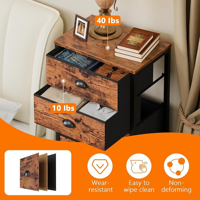 Furnulem Dresser for Bedroom, 7 Drawers Tall Chest of Drawers | Rustic Brown Storage Organizer, Fabric Bins, Metal Frame, Wood Desktop, Dorm Vertical Closet,Bedside Furniture in Living Room
