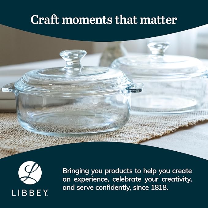 Libbey Baker's Basics 2 Piece Glass Dishes with Lids - Elegant Casserole Dishes for Oven with Lids - Versatile Baking Dish to Store Leftovers & More