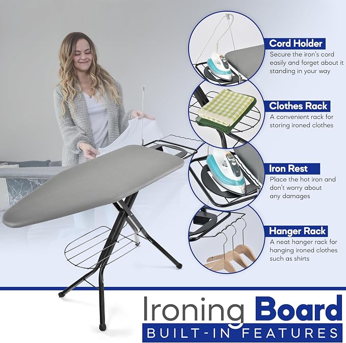 BKTD Extra-Wide Ironing Board – 48"×18" Large Surface (57" w/Iron Rest) • Built-in Clothes Rack, Hanger & Cord Holder • Heat-Resistant Cover • Heavy-Duty, No Wobble • Adjustable Height • Black Grey. | Built-in Hanger, Cord Holder, Heat-Resistant Cover,...