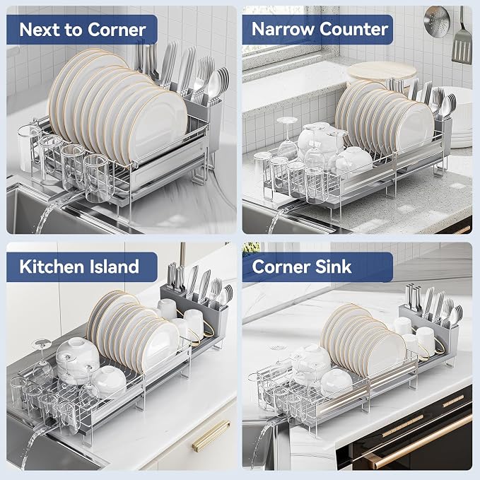 Stainless Steel Dish Drying Rack - Expandable Dish Racks for Kitchen Counter Organizer with Drain Board, Detachable Utensil & Cup Holder, Dish Drainer for Small Kitchen Counter, Grey