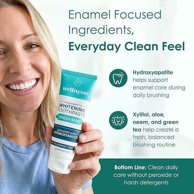 Hydroxyapatite Toothpaste, Whitening, Fluoride Free, Fresh Mint, 4oz 3-Pack | Wellnesse Remineralizing Enamel Care, SLS Free, Xylitol Formula for Sensitive Teeth, Dental Oral Care for Adults, Lower Foam