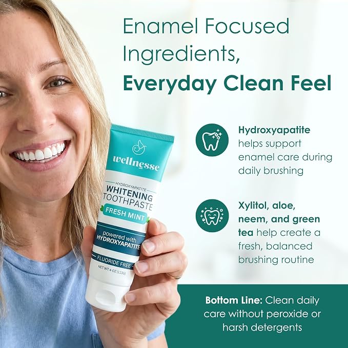 Hydroxyapatite Toothpaste, Whitening, Fluoride Free, Fresh Mint, 4 Oz | Wellnesse Remineralizing Enamel Care, SLS Free, Xylitol Formula for Sensitive Teeth, Dental Oral Care for Adults, Lower Foam