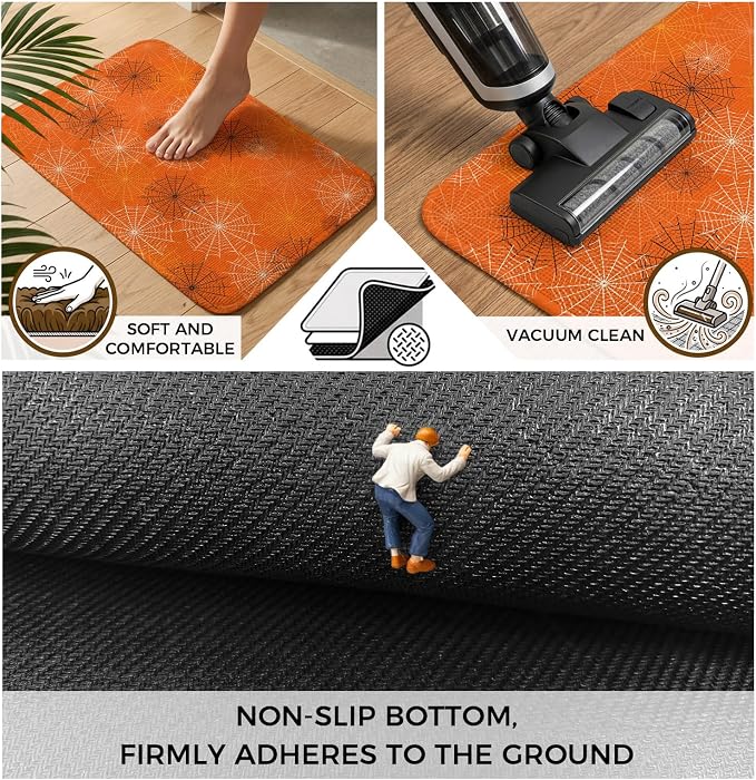 Orange Halloween Washable Area Rugs for Living Room Bedroom, Large Non Slip Indoor Floor Carpet Absorbent Low Pile Black White Net Halloween Door Mat Rugs for Bathroom Entryway 47.2"x63"