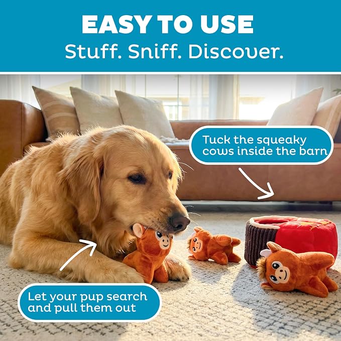 Outward Hound Hide-A-Cow Dog Toy, 2-in-1 Interactive Hide & Seek Plush Puzzle with Barn & 3 Squeaky Highland Cows
