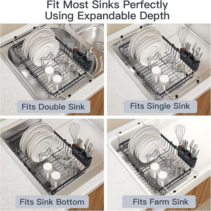 Grey Dish Drying Rack Over The Sink with Utensil Holder, Mat | Expandable Stainless Steel Dish Drainer for Small Kitchen, Apartment, RV, Counter Space Saving, Perfect Fit, Rustproof