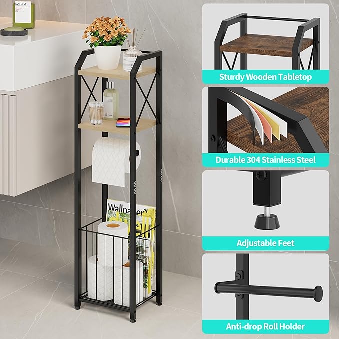 HapiRm Freestanding Toilet Paper Holder - 4-Tier Bathroom Tissue Organizer with Wood Shelves and Large Basket, Toilet Paper Holder Stand for Bathroom, Laundry Room, Apartment - Black（Small）