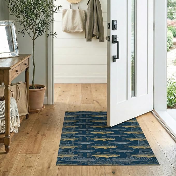 2'x3' Washable Area Rug Bass Repeating Lure Net Border Tackle Motif Angler Fish Fishing Refined Stain Resistant Thin Throw for Entryway, Kitchen, Laundry Room