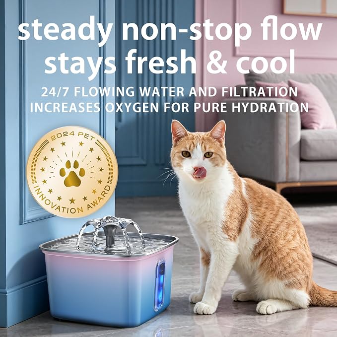 Veken Innovation Award Winner Stainless Steel Cat Water Fountain, 108oz | Automatic Pet Fountain Dog Water Dispenser with Replacement Filters & Silicone Mat for Cats, Dogs (Water Blue)