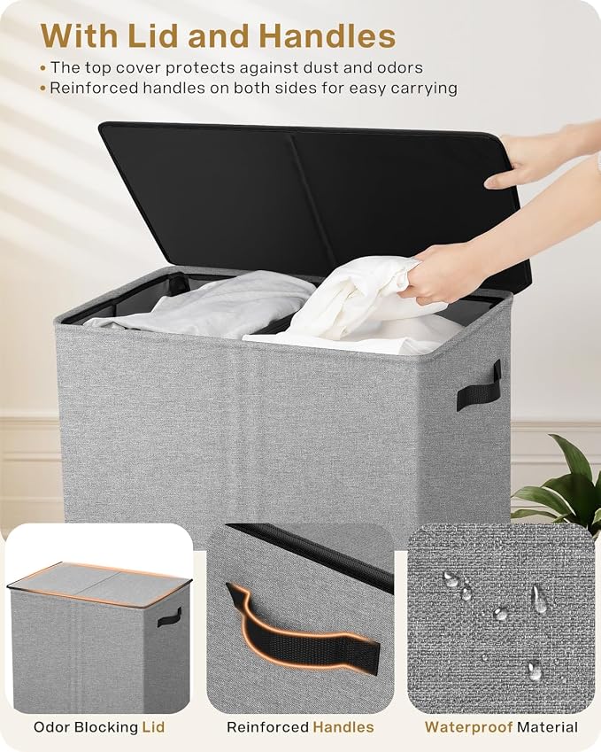 SOLEDI Double Laundry Hamper with Lid, 130L Clothes Hamper 2 Section, Laundry Basket with Removable bag, Bed room decor aesthetic, laundry room organization, Home and dorm room essentials