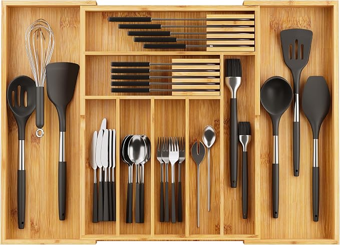 BAMEOS Bamboo Drawer Organizer Expandable Kitchen Silverware Organizer with 7-9 Deep Compartments, Bamboo Reinforced Cutlery Tray, Adjustable Utensil Holder for Kitchen(16.1"-22.4" Wide, Natural)