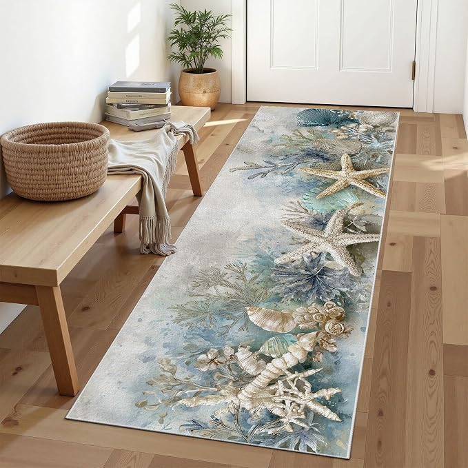 Seaside Coastal Washable Runner Rug 2.6x7 - Starfish Coral Hallway Rug, Ultra-Thin Kitchen Rugs, Watercolor Ocean Anti Slip Runner Rugs for Entrance Laundry Room Corridor Bedroom