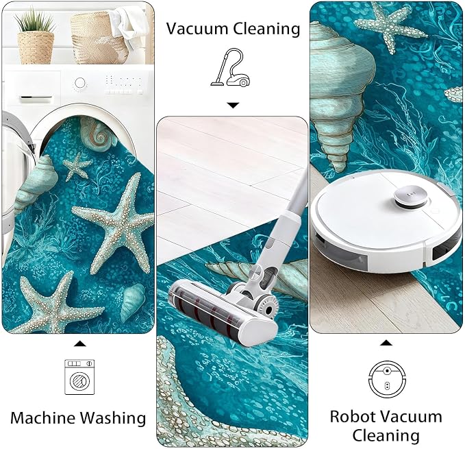 Starfish Conch Hallway Runner Rug 2x8 Washable, Watercolor Ocean Kitchen Rug Non Slip Low Pile, Turquoise Blue Runner Carpet for Entryway Corridor Bedroom Dining Living Room Floor Mat